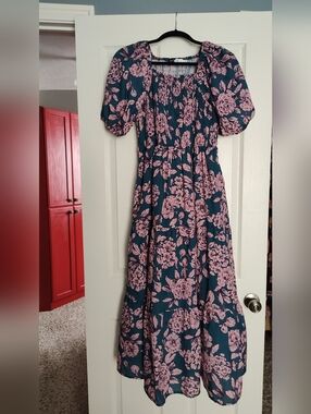 Piper & Scoot Floral Puff-Sleeve Maxi Dress in Teal and Pink